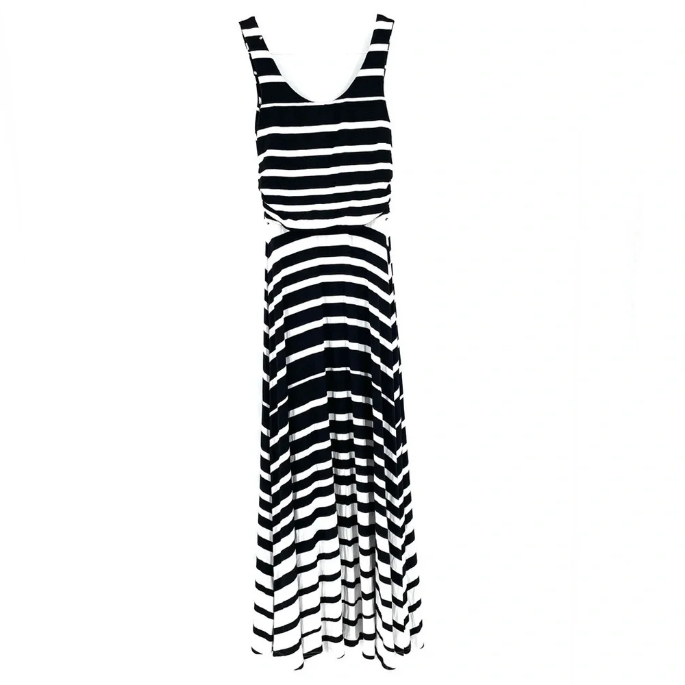 ATHLETA Black & White Striped Sleeveless Maxi Dress
